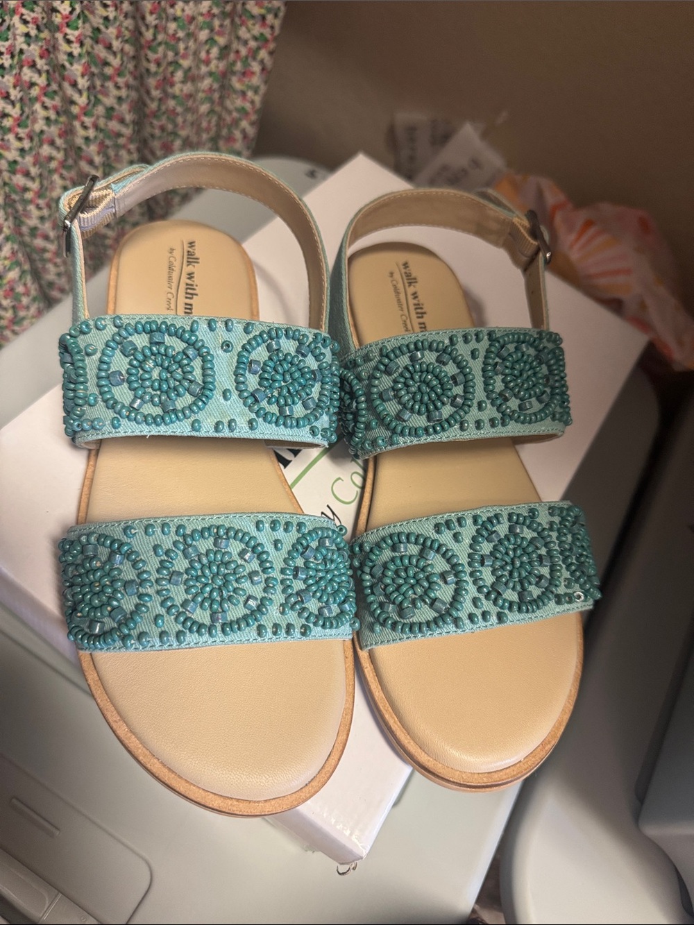 NIB Walk with me by Coldwater Creek Embellished Shale Green Beaded Sandals SZ 7M